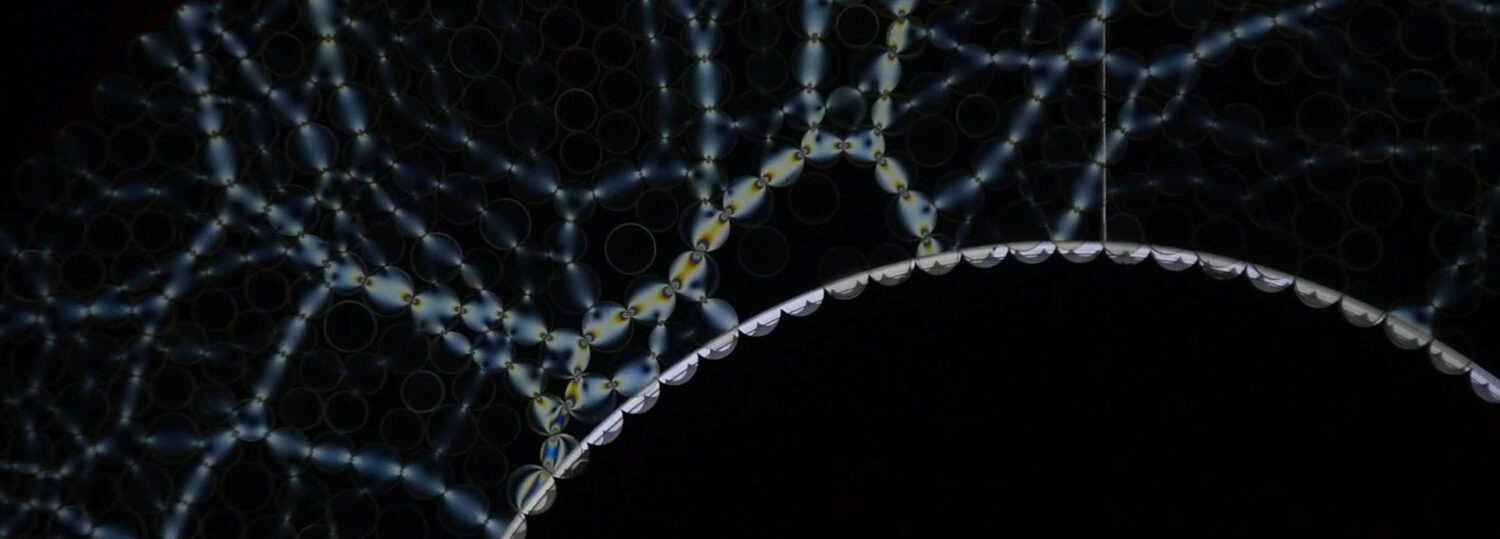 movie still of force transmission in chain-like structures within a photoelastic granular material